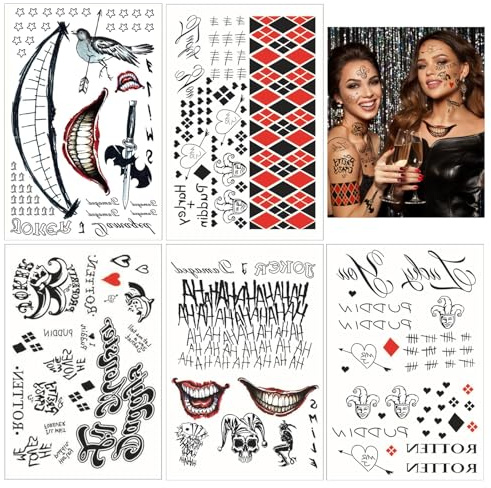 5 Blatt Joker Halloween, Clown Temporäre Tattoo, Tattoos Joker Aufkleber, Fake Gruselig Halloween-Nacht, Für Cosplay, Karneval Und Horror-Nächte