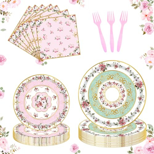 Fyeoxle 96pcs Floral Party Supplies Flower Paper Plates and Napkins Tableware Set for 24 Guest Floral Party Disposable Paper Dinner Plates Napkins Forks for Birthday Bridal Shower Tea Party Supplies