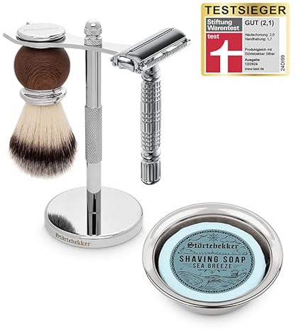 Störtebekker® Premium rakstativ set – med rakhyvel, rakborste, rakskål och rasttvål Sea Breeze – högkvalitativt rakset/skäggvårdsset – 8 dofter – presentidé män rakset