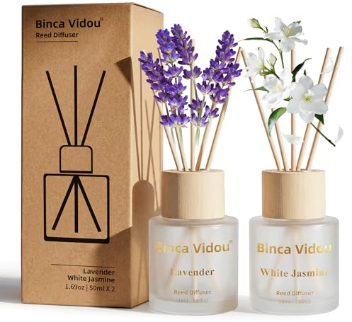 Binca Vidou Reed Diffuser Set of 2,Fragrance Reed Oil Diffuser Set with Rattan Reeds for Home Office Bathroom Living Room (Lavender, White Jasmine, 50ml x 2)