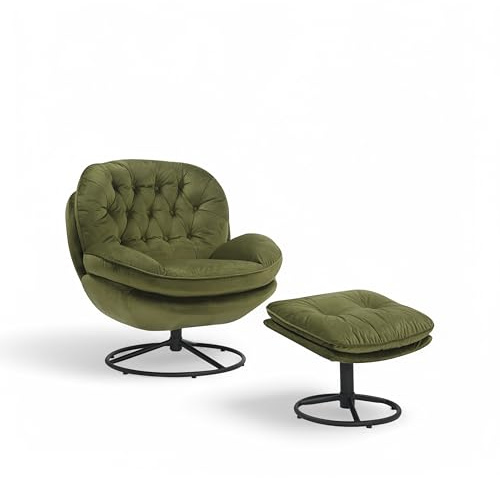Sage Green Swivel Cuddle Chair and Footstool Set – Elegant Velvet Swivel Armchair with Deep Button Tufting, 360° Rotation & Sturdy Metal Base, Perfect Nursing Chair and Footstool or Accent Seat for
