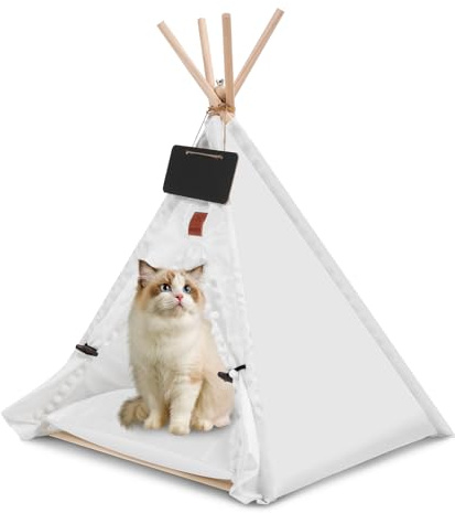 Tente pour chat intérieur, tente pour animal de compagnie amovible avec coussin lavable, structure en bois stable et gaines de pieds antidérapantes – tipi portable pour chats, chiens et petits animaux