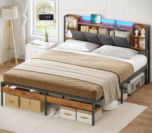 AOGLLATI Telaio letto 160 x 200 cm, con illuminazione a LED e funzione di ricarica USB, in metallo, con testiera imbottita, letto matrimoniale con rete a doghe (160 x 200 cm)