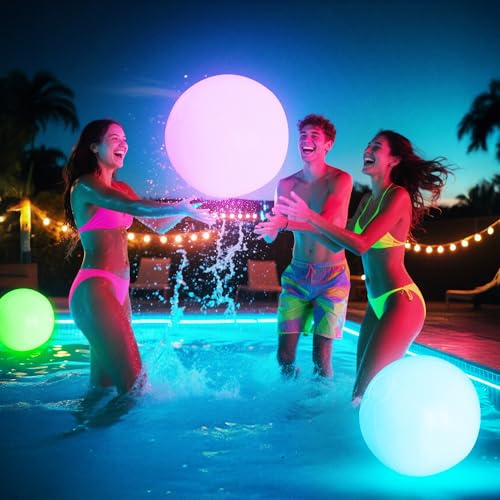 KIRALUMI Pool Toys - 16 Light Up Beach Ball, 2 Pack Glow in The Dark Balls with 8 LED Modes, Pool Games for Adults, Teens and Kids, LED Ball for Outdoor or Indoor Activities