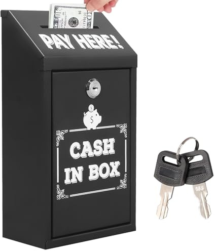 Yallmie Metal Money Collection Box, Metal Charity Box with Lock Donation Box, Wall Mounted Cash Box for Outside Black Comment Ballot Box for Home Office Outdoor Business (Black)