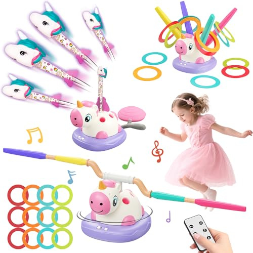 Aliex Unicorno Bambina Regalo 3 4 5 6 7 8 9 Anni | 3 in 1 Giochi da Esterno per Bambini – Salta con Musica, Razzo Spaziale Giocattolo e Gioco Lancio Anelli - Giochi da Giardino e Interno