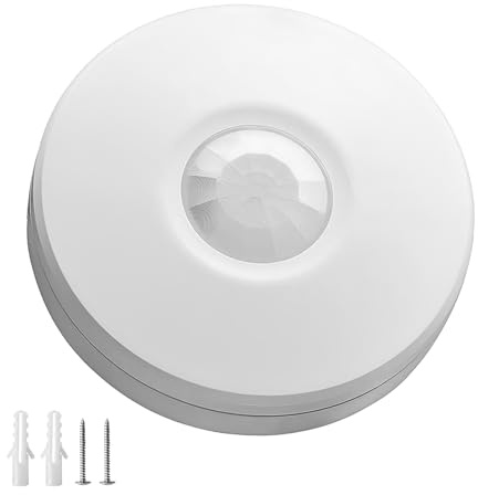 Ceiling Occupancy Sensor, 360 Degree Motion Detector Infrared Surface Mount PIR 4-Wire Indoor Detector, 6m Detection Range, 360° Angle, 2000W Max for Incandescent and 500W for LED, Programmable, White
