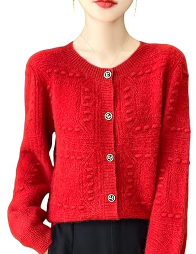 Generico Cardigan Donna,Cardigan in Cashmere da Donna, Maglione Girocollo in Lana, Maglione Lavorato A Maglia Rosso, Tinta Unita, Maglioni Corti, vestibilità Slim, Elegante, Maniche
