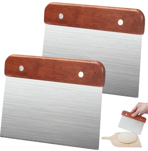 2 Pieces Dough Scraper, Food Grade Stainless Steel Dough Cutter with Wooden Handle, 15CM Pastry Scrapers, Griddle Scraper Chopper, Multipurpose Pastry Dough Cutter for Pizza Bread Cake Baking Shaping