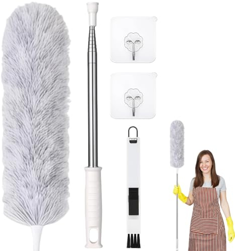 Spolverino per Polvere, Spolverino Telescopico, 1 Manico+1 Piumini+1 Spazzola+2 Ganci Autoadesivi, Manico in Acciaio Inox, Ideale Per Spolverare Tetti, Auto E Casa, Grigio