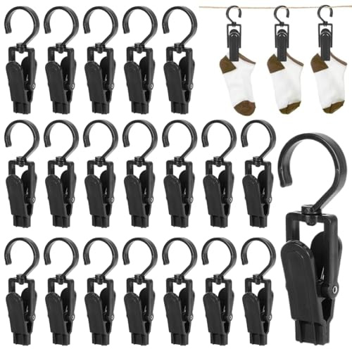 20 Pinces à Linge Noires avec Crochet Rotatif 360°, Crochet à Linge Portable, pour Vêtements, Serviette, Chaussettes, Jeans