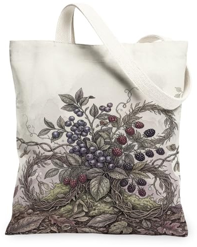 Berries Canvas Tote Bag, Botanical Vintage Leaves Vines Spring Green Small Tote Bags 13x15 Inch