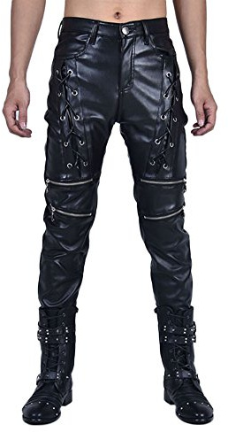 Idopy Hommes Biker Style Noir Faux Cuir Pantalon Avant Lace Up Pantalons