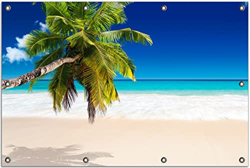 Wallario Outdoor-Poster für Garten oder Balkon Südseestrand in der Karibik mit Palme, Motivbanner Größe: ca. 80 x 120 cm, Outdoor-Bild