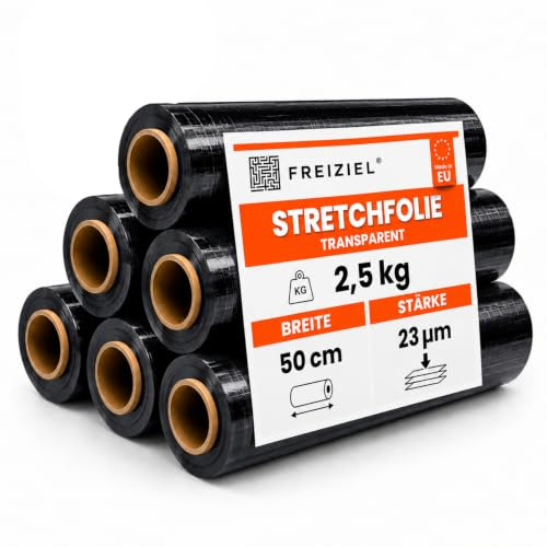 Freiziel® 6 x Stretchfolie 50cm 2,5kg 23my (schwarz) Wickelfolie, Packfolie, Folie für Möbel und Umzug