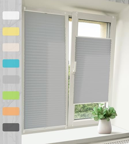 Vkele Plissee ohne Bohren Klemmfix – Faltrollo Jalousie Hellgrau 85x140cm(BxH), Lichtdurchlässig & Blickdicht, Sonnenschutz & Sichtschutz, Easyfix Rollo für Fenster & Tür