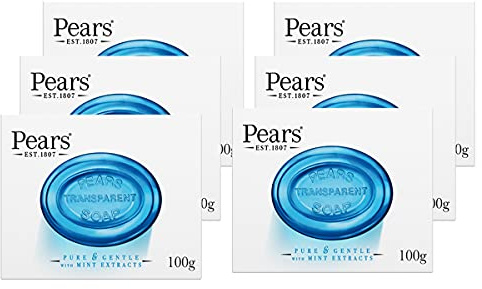 Pears Transparent Soap (100g) Pure and Gentle with Mint Extracts (Pack of 6)