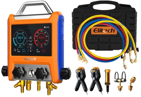 Elitech Set Manomètre Réfrigérant HVAC Intelligent 4 Voies EMG-40V, Mesure Précise Pression Température, Compatibilité Multi-Réfrigérants, Affichage de Courbes pour CVC Clim Pompe à Chaleur
