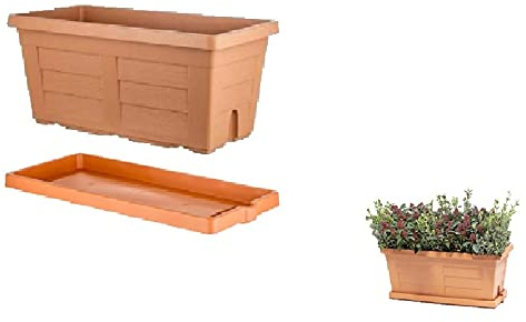 bama Jardinière effet bois 80 x 40 x 34 cm + dessous de fleur 80 cm en terre cuite plantes fleurs pot + cadeau comme sur la photo