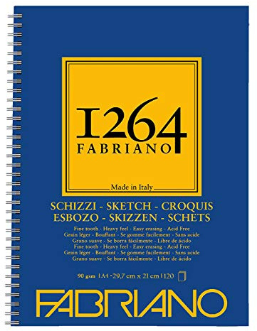 Honsell 19100635 - Fabriano Schizzi Skizzenblock 1264 mit Längsspirale, 90 g/qm, DIN A4, 120 Blatt Skizzenpapier in elfenbeinweiß, säurefrei, leicht gekörnt, für alle Trockentechniken