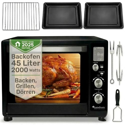 TurboTronic digitaler Minibackofen 45l schwarz 2000W, Drehspieß, 2 Backbleche, Timer, Dörrer, Dörrgerät, Dörrautomat, Pizzaofen