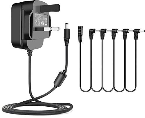 TKDY 9V Guitar Effects Pedal Power Supply Adapter,9 Volt 1.5A 1A Wall Charger Tip Negative 5.5 * 2.1mm with 5 Way Daisy Chain Cables