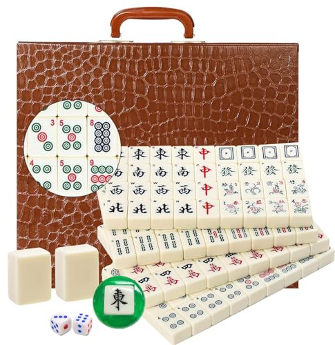 LANYOTA Set Mahjong, 3,6 x 2,7 cm, set da gioco cinese Mahjong con custodia da viaggio, 1,5 '' grande 144+2 piastrelle con numeri arabi, 2 dadi 1 indicatore del vento