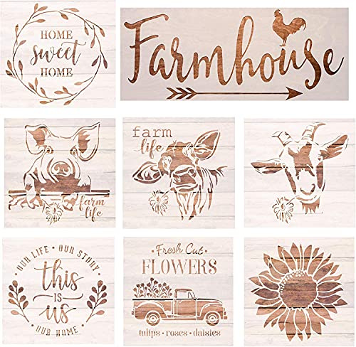SoulQool Wiederverwendbare Schablonen im Bauernhaus-Stil, Malschablonen zum Malen auf Holz, Sonnenblumen-/Tiermuster, Schablonen für Scrapbooking, Zeichnen, DIY-Dekore, 8 Stück