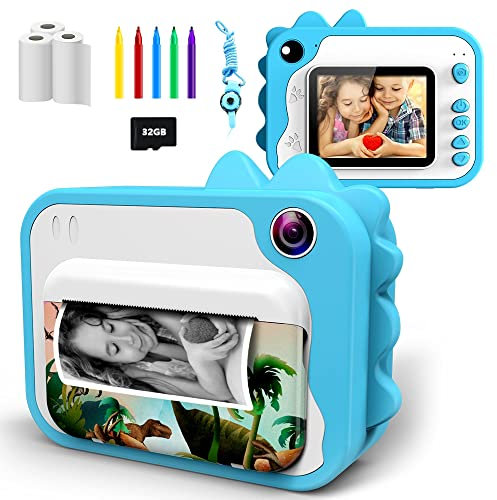 Instant Print Camera for Kids,Upgrade 2.4''1080P HD,Video Camera, No Ink Thermal Digital Camera with 32GB SD Card, 3 Rolls of Printing Paper,5 Colored Pens for Boys Girls 4 5 6 7 8 9-12 Years Old.