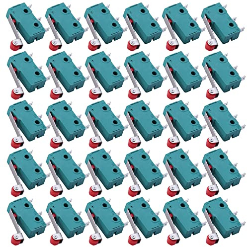 HUAZIZ 30 Stücke 250V 5A SPDT 1NO 1NC Momentary Scharnier Rollenhebel Mikroschalter 3 Pins, Endschalter mit Momentanem Roller Hebel Arm Snap Aktion Scharnier Mini Wechselschalter, Grün
