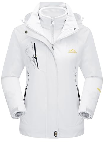 MAGCOMSEN Waterproof Jackets for Women 3 in 1 Jacket Winter Ski Jacket Fleece Lined Mountain Jacket Snow Hiking Jackets Pure White XL