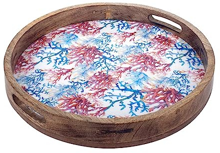 SIGNES GRIMALT Plateau de service rond, Bois de Manguier et Thème Corail, Bleu et Rouge, L 35 cm.