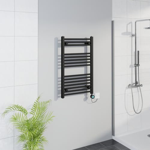 Warmehaus WiFi Electric Bathroom Straight Radiator Timer 800x500mm Black | Thermostatic, Smart LCD Display, Child Lock, T Piece, Prefilled, Electric Heated Towel Rail Warmer, Energy Efficient