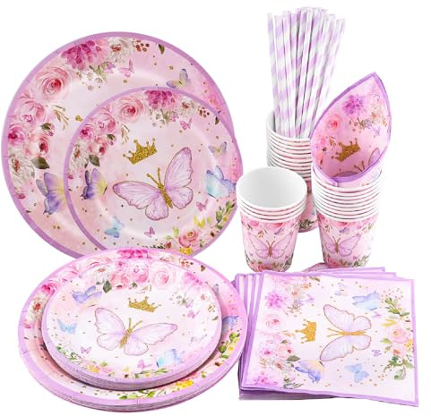 SubTack 80Pcs Butterfly Party Tableware Kit - Butterfly Girls Birthday Decorations Pink Party Plates Cups Napkins Straws for 16 Guest Baby Shower Birthday Wedding, BPT-1