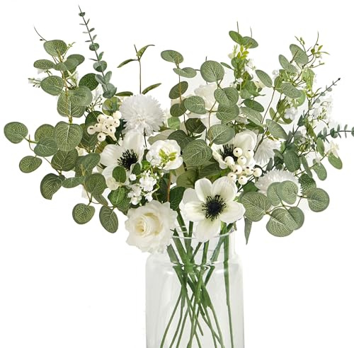 Anna's Whimsy 10 Pcs Kunstblumen, Kunstblumen Wie Echt, Seidenblumen Blumenstrauß, Frühlingsblumen Künstlich, Fake Blumen Für Deko Wohnzimmer, Frühlingsdeko,Tischdeko,Hochzeitstischdeko (Weiß)