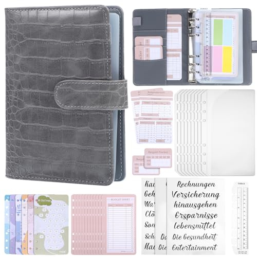 CLISPEED Budget Planner Deutsch - A6 PU Leder Binder Geld Organizer Sparen - Multifunktionales Geld Notizbuch mit 12 Binder Taschen Budget-Ordner Geldumschläge für Sinking Funds