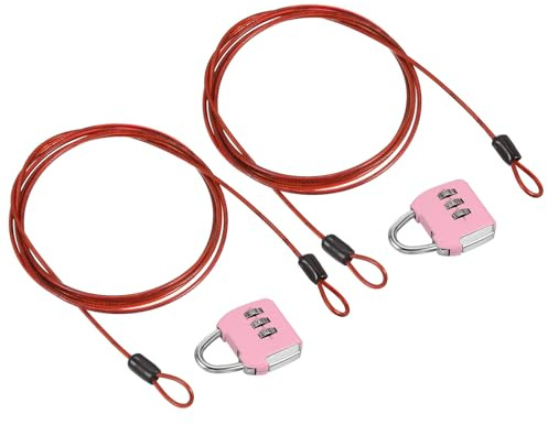 PATIKIL Cavo Sicurezza Acciaio Lucchetto a Combinazione a 3 Cifre, Set 2 Lucchetti da Viaggio Cavo Sicurezza Rivestito da 6,6 Piedi a Doppio Anello Bagagli e Valigie, Rosa