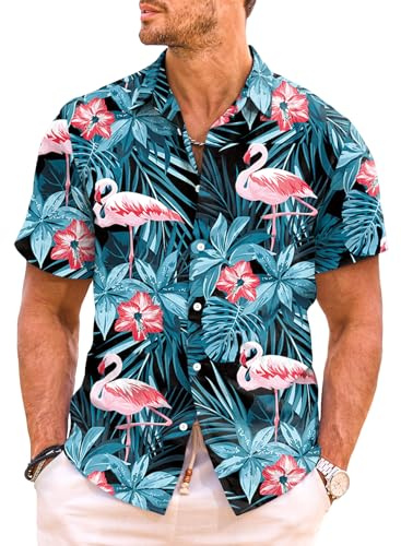 Meilicloth Hawaii Hemd Männer Hawaiihemd Herren Funky hawaiihemd Casual Flamingo Hawaii Shirt Sommer Strandhemd Kurzarm Sommerhemd B Blau-1 L