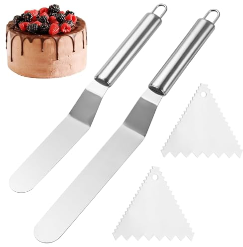 NIEEKRUN 2 Stück Tortenmesser mit 2 Dreiecksschaber, Winkelpalette Edelstahl Winkelpalette Torte Kuchenmesser, Tortenmesser Streichpaletten für Torten Tortenspachtel Winkelpalette Für Torten