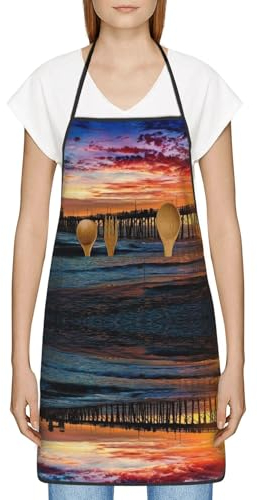 Bunte Küchenschürze mit Sonnenuntergang für Damen und Herren, bedruckte Polyesterschürze mit großen Taschen zum Kochen, Backen, Gartenarbeit, weiß, One size