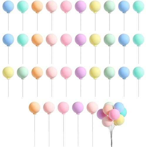 Toyhood 40Pcs Mini Balls Cake Topper, Colorful Balloon Rainbow Cake Balls Cupcake Topper, Round Balloon Birthday Party Decorations, for Wedding Anniversary Birthday Baby Shower Party