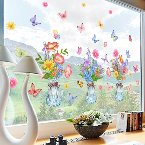 WandSticker4U®- Fensterbilder Frühling selbstklebend BLUMEN IN GLASVASEN (84x56 cm) I Fenstersticker Blumen Kinder Schlafzimmer Bad Küche I Fensteraufkleber Frühlingsdeko Fenster wiederverwendbar