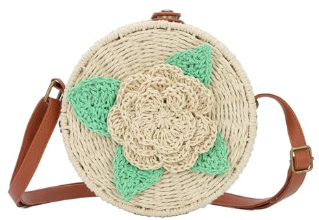 Ynport Crefreak Damen Runde Strohtasche Handgewebte Strand Crossbody Umhängetasche Geldbörse Natural Chic Handtasche Kreis Boho Tasche für Urlaub Dating Strand, Beige