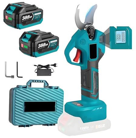 Akku Astschere für Makita Akku 18V, 4 Stufen Verstellbar Max 30 mm Akku Gartenschere mit LCD Anzeige Bürstenlosen Motor Elektrische Gartenschere zum Baumschneiden (Blau mit 2 Batterie)