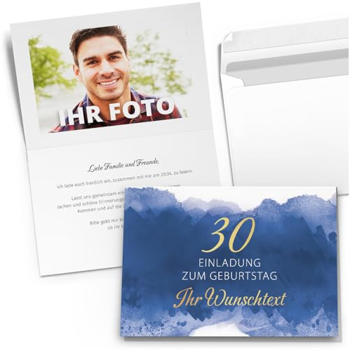10 Einladungskarten Einladung 30. Geburtstag mit Text und Foto personalisiert inkl. Umschlag - Geburtstagseinladung Karten zum Einladen Blau Aqurarell