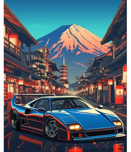 NEWENMO Mont Fuji Peinture par Numero Adulte,Voiture Bleue Peinture Numero,Architecture Japonaise Paint by Numbers,DIY Peinture à l'huile,Acryliques Bricolage Peintures Kits,pour Décor Maison 40x50cm
