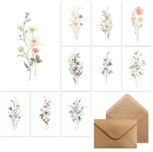 10 Sets Dankeskarten mit Umschlag, A6 Blume Klappkarten Blanko mit Wildblumen-Motiv, Danke Karten mit Umschlägen zum Selbstgestalten, Dankeschön Karte Grußkarten für Lehrer, Kollegen Freunde