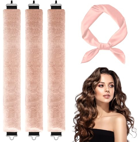 3 rizadores sin calor y rulos para secado nocturno - Varillas para diadema sin calor, ondas de salón para secado nocturno, kit de peinado ajustable de terciopelo (rosa)