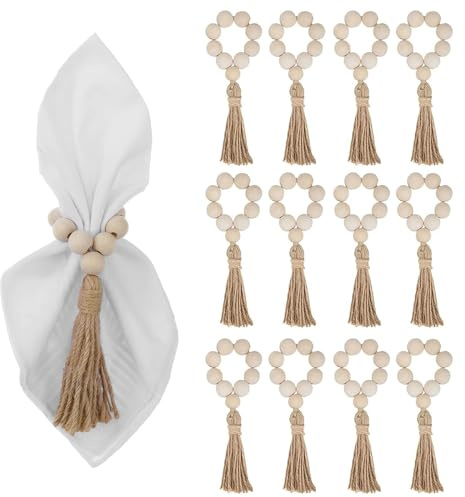 Serviettenringe Holz, 12 Stück Rustikale Serviettenringe Mit Perlen Und Quasten, Ideal Für Hochzeitstischdeko, Weihnachten, Landhausstil, Tagesdeko Und Geschenk