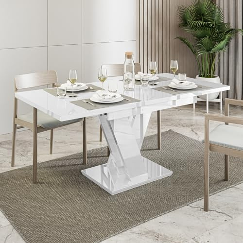 White Extendable Dining Table, 4-6 Seater, 120-160cm, High Gloss, MASIV